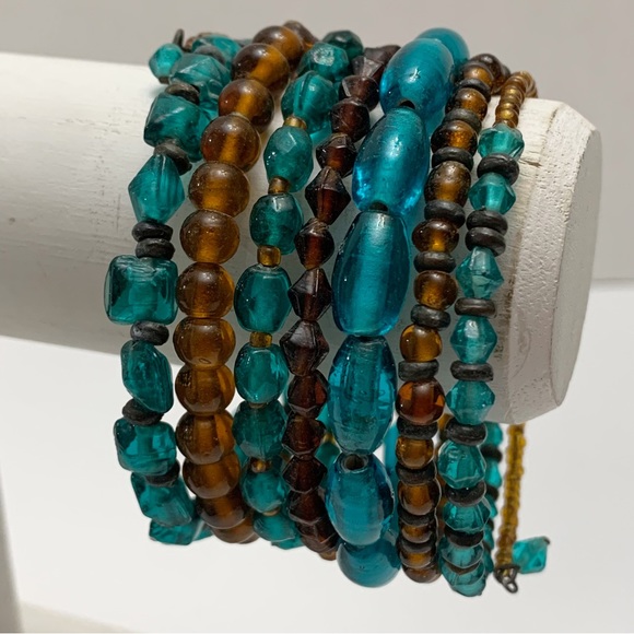 Turquoise teal amber brown glass beaded boho bohemian memory wire bracelet - Picture 7 of 8